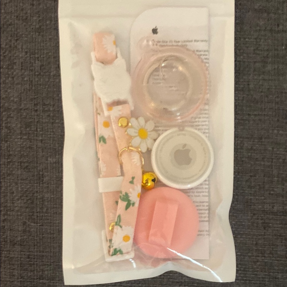 Apple AirTag with Holder and Break Away Cat Collar, Pink and White Floral Design
